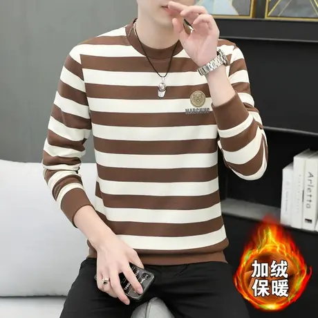 加绒加厚卫衣男秋季条纹休闲打底衫上衣潮流长袖T恤秋衣潮牌男装商品大图
