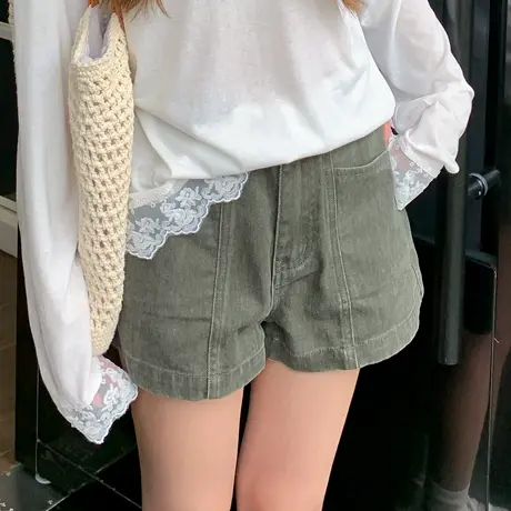 尔给夏季做旧高腰a字休闲短裤女显瘦百搭外穿韩版设计感直筒裤商品大图