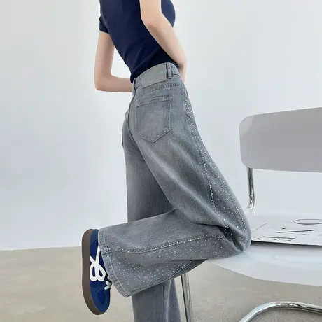 灰色烫钻水洗阔腿牛仔裤女夏季薄款高腰显瘦弯刀裤垂感宽松直筒裤商品大图