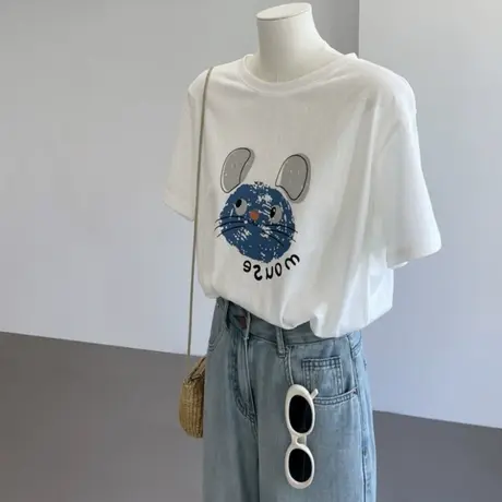 韩版减龄卡通鼠印花白色短袖女t恤夏轻薄透气雪花棉圆领宽松上衣商品大图