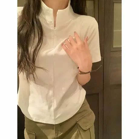 半拉链设计感短袖T恤女夏季韩版修身内搭外穿打底衫半高领上衣潮图片