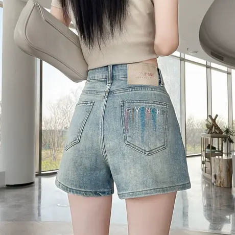 字母刺绣牛仔短裤女2025夏季薄款高腰小个子a字大码胖MM阔腿热裤商品大图