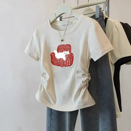 夏季高级感彩虹波点修身短袖t恤女新款正肩短袖褶皱收腰圆领上衣图片