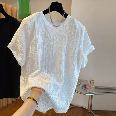 褶皱肌理感短袖T恤女夏季宽松显瘦韩版打底衫内搭可外穿半袖上衣商品大图