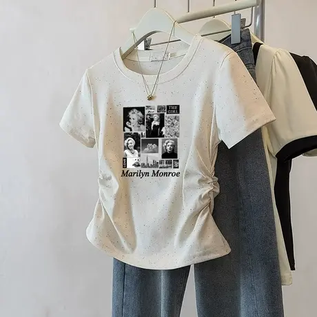 甜妹彩虹波点褶皱收腰短款t恤女2025夏季新款洋气短袖正肩上衣ins图片