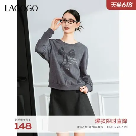 LAGOGO圆领卫衣女拉谷谷2024年冬季新款显瘦落肩袖蝴蝶结元气上衣商品大图