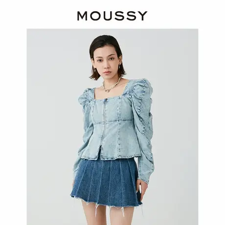 MOUSSY 新品甜美复古做旧方领泡泡袖牛仔时尚衬衫女010HS711-0010商品大图