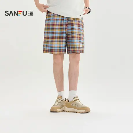 三福2025夏季男士休闲美式幸运格短裤 宽松橡筋腰头裤子500960商品大图