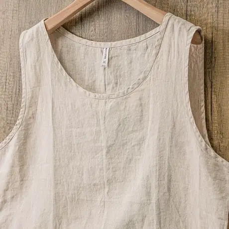 夏季轻薄透气卡其色纯亚麻坎肩短袖 中国风纯色简约清凉排汗背心图片