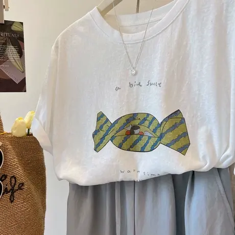 夏日糖果女孩印花tee~ 凉感舒适雪花棉薄款圆领减龄短袖T恤女夏商品大图