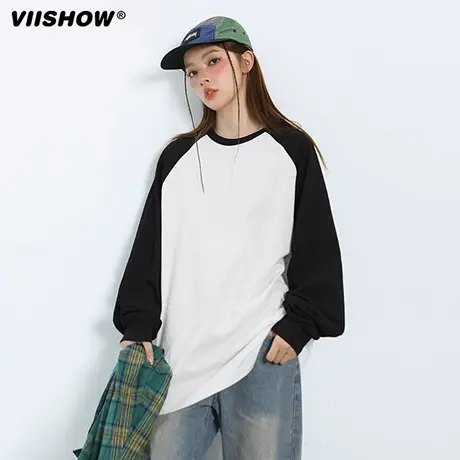 VIISHOW美式插肩长袖t恤男秋季宽松正肩设计感内搭打底衫长款上衣商品大图