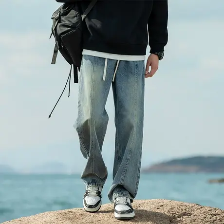 美式高街vibe复古做旧牛仔裤男春夏季宽松纯色直筒微喇显瘦长裤潮图片