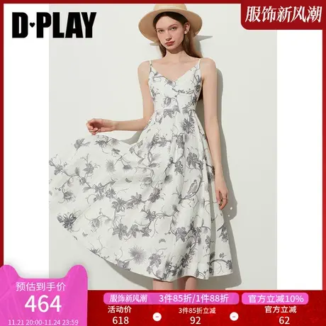 DPLAY黑标夏度假灰调藤蔓花卉V领吊带收腰抽褶大摆印花连衣裙商品大图