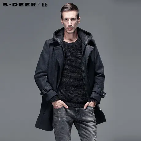 S.Deer/He圣迪奥男装休闲连帽长款呢大衣H12471843图片