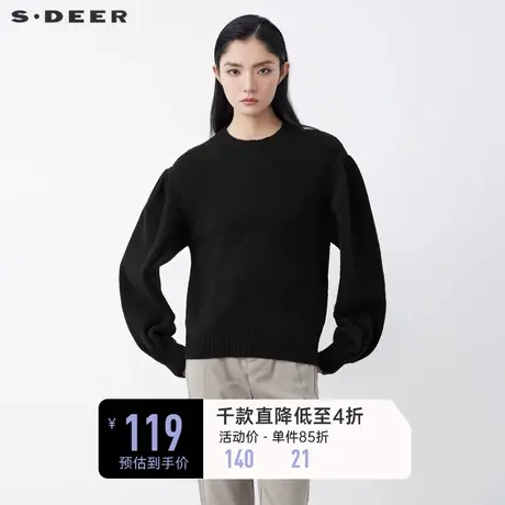 sdeer圣迪奥冬装时尚罗纹圆领泡泡袖黑色毛衣女S21463512图片