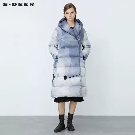sdeer圣迪奥女装休闲连帽撞色晕染宽松长款羽绒服S21482480图片