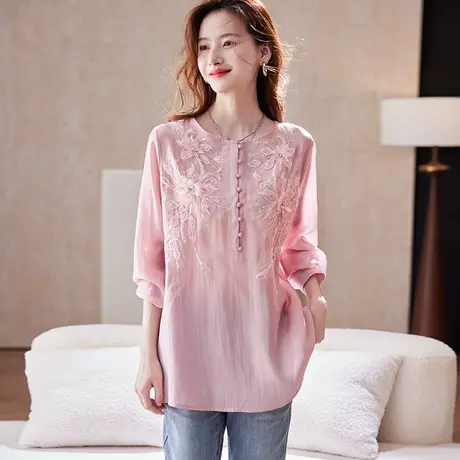 宝诗黎圆领钉珠亮片雪纺衬衫女2025春季洋气减龄宽松气质长袖衬衣图片