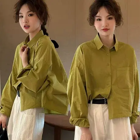欧货翻领口袋设计感长袖衬衫2025春新简约时尚显瘦单排扣衬衣女潮商品大图
