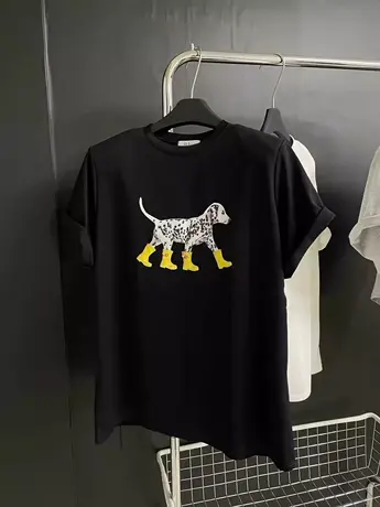 韩国东大门2024夏季新款休闲宽松卡通斑点狗狗印花垫肩短袖T恤女商品大图