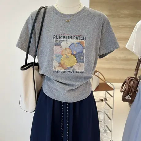 夏季新款韩系百搭复古南瓜图案宽松显瘦短袖打底衫T恤女上衣内搭图片