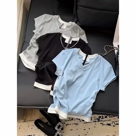 v领正肩假两件短袖T恤女夏季韩版修身褶皱收腰下摆半袖上衣ins潮商品大图