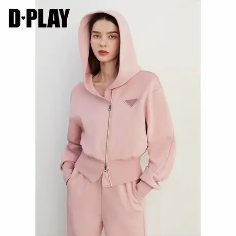 DPLAY2025春季新款百搭粉色连帽拉链卫衣女休闲套装上衣两件套图片