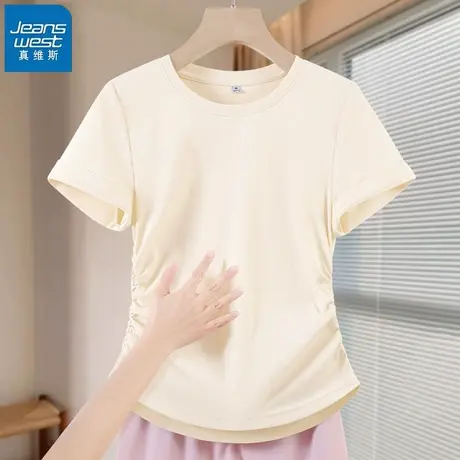 KHV真维斯正肩短袖t恤女2025夏季新款修身显瘦短款抽褶设计感上衣图片