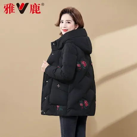 雅鹿妈妈羽绒服女士冬季中老年妈妈装连帽绣花加厚保暖鸭绒外套女商品大图