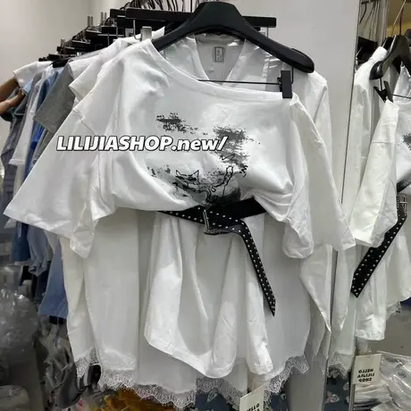 韩国东大门夏季新款卡通猫咪斜领露肩短袖T恤百搭配腰带显瘦上衣商品大图