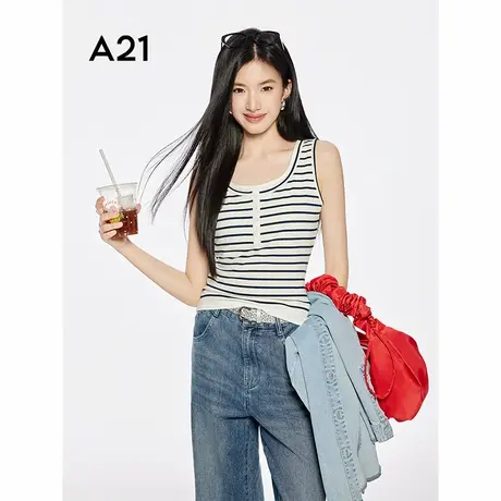 A21女装条纹圆领薄工字背心2025夏季新款简约设计感纽扣修身上衣图片