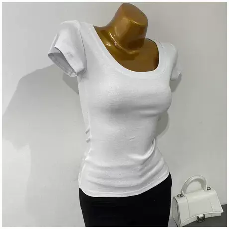 好版型～显身材！大U领短袖T恤女韩国百搭性感紧身打底衫上衣2021图片