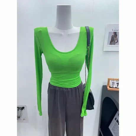 韩国INS气质紧身显身材大圆领长袖T恤女短款纯色内搭打底衫上衣秋商品大图