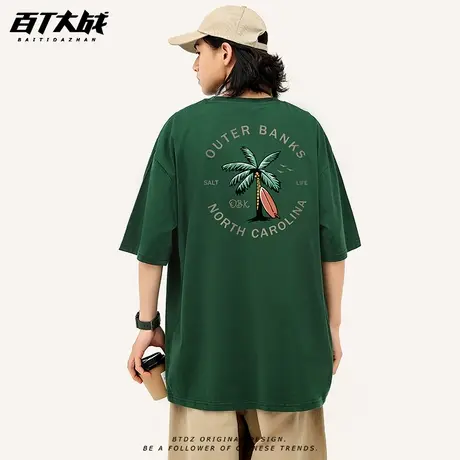 美式复古椰树冲浪印花短袖t恤男夏季新款潮流圆领设计感半袖体恤商品大图