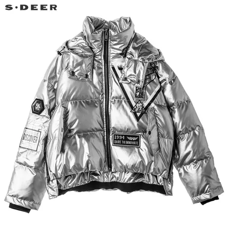 sdeer圣迪奥2018新款女装冬短款外套银色高领连帽羽绒服S18482462商品大图