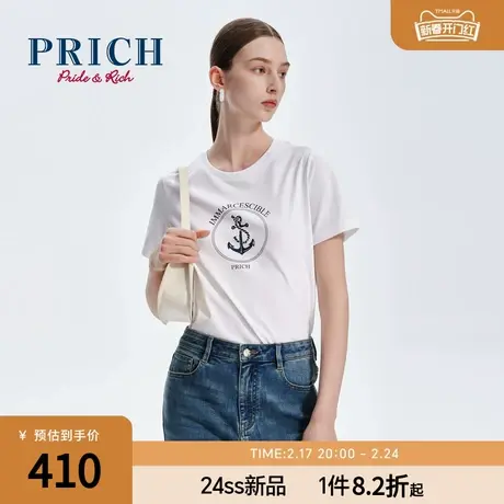 【凉感】PRICH休闲白色短袖T恤衫印花圆领上衣女商品大图