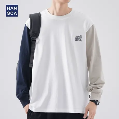 hansca 重磅220g插肩袖撞色长袖t恤男春季美式潮牌纯棉套头打底衫商品大图
