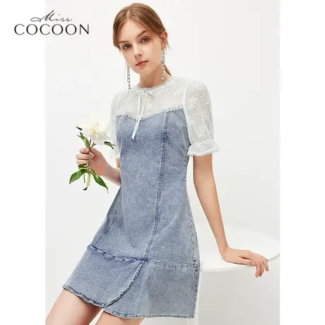 miss COCOON法式复古牛仔拼接连衣裙女夏2022新款泡泡袖显瘦a字裙商品大图