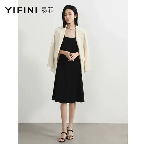 Yifini/易菲黑色背带无袖复古简约中长款连衣裙女2023夏季新款商品大图