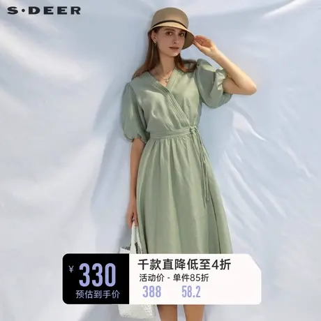 sdeer圣迪奥女装V领收腰泡泡袖新中式连衣裙S232Z12DN✅商品大图