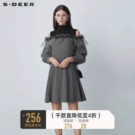 sdeer圣迪奥秋装中高领抽褶网纱拼接宽松连衣裙女S221Z1260🍕商品大图