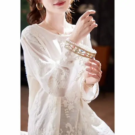 宝诗黎钉珠拼接刺绣雪纺衫女2025春季气质宽松简约百搭白色衬衣商品大图