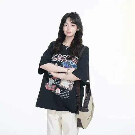 YEP2025春夏新款美式复古印花T恤男女同款潮牌oversized宽松上衣图片