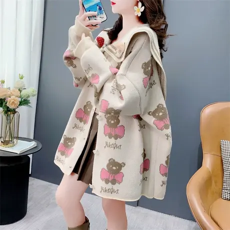 设计感海军领卡通小熊毛衣开衫女秋季2024新款宽松减龄学院风外套商品大图