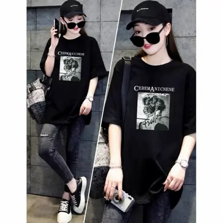 欧美炸街复古纯棉短袖t恤女大码胖mm宽松慵懒风夏季宽松显瘦上衣商品大图