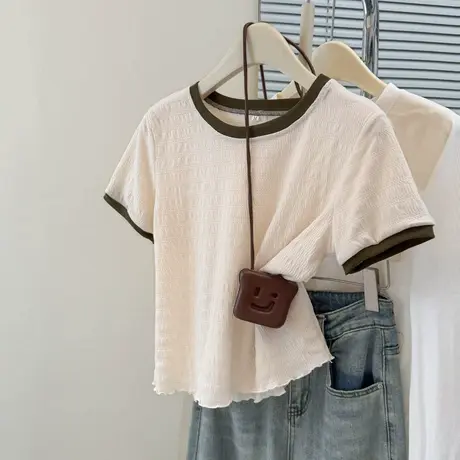 夏季2025新款木耳边短袖T恤女修身韩版打底衫内搭短款正肩上衣潮商品大图
