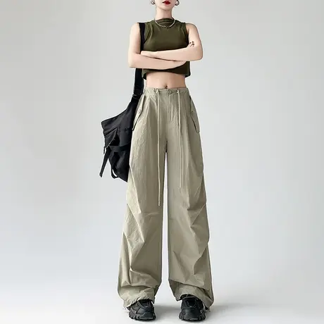 美式冰丝速干工装裤女夏季薄款高腰运动宽松直筒休闲阔腿束脚裤子商品大图