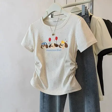 彩虹波点修身短袖t恤女高级感夏季新款正肩圆领短袖褶皱收腰上衣图片