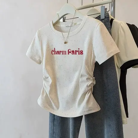 2025短款小个子收腰t恤女新款褶皱修身彩虹波点短袖减龄潮流上衣商品大图