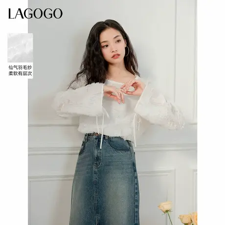 LAGOGO法式羽毛感白色雪纺衬衫女拉谷谷2025春季新款肌理流苏上衣商品大图