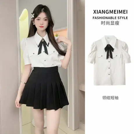 法式短袖白衬衫夏季2025气质蝴蝶结小个子洋气别致泡泡袖上衣衬衣商品大图